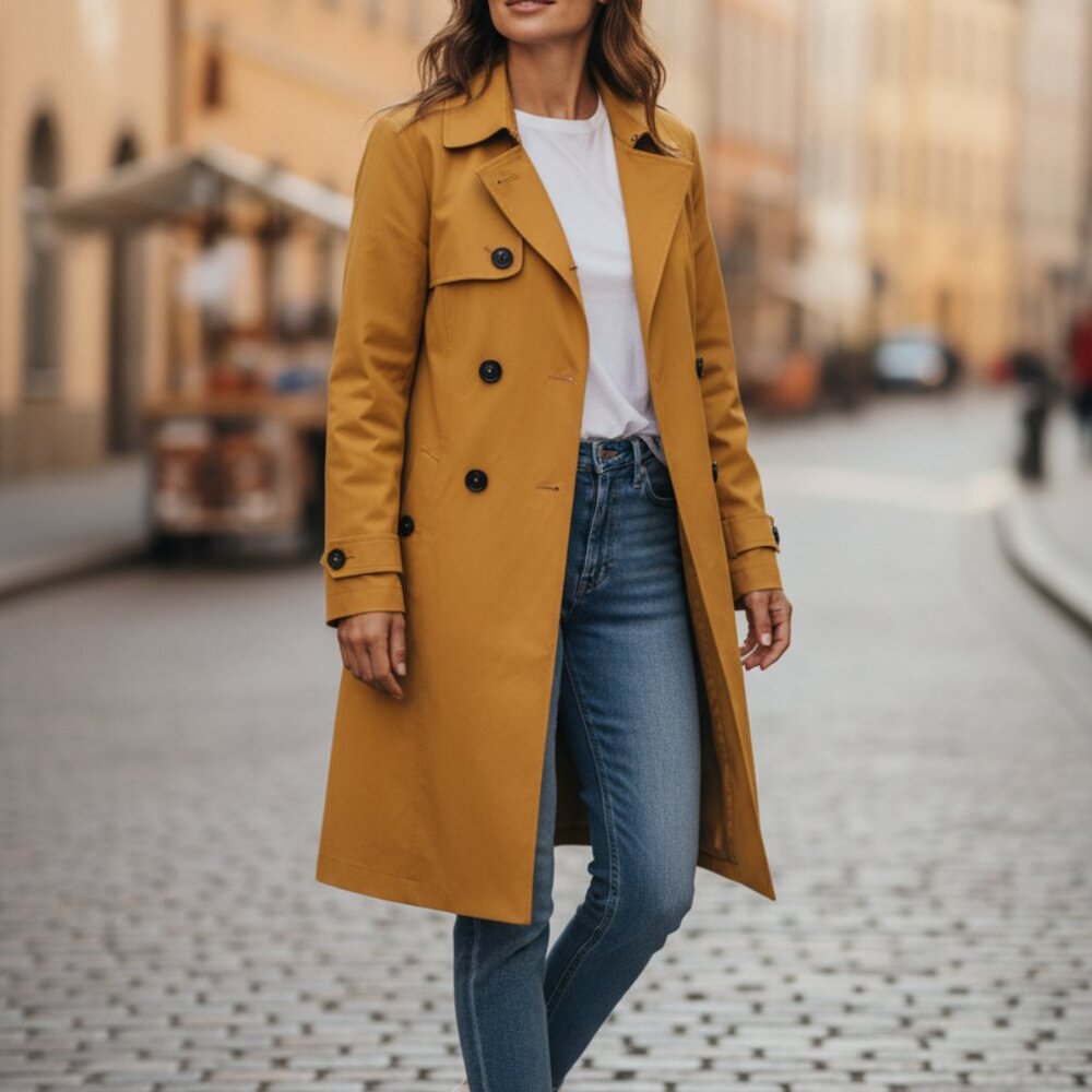 DKNY Womens Mustard Yellow Trench Coat Size 6 Cotton Blend Button Down